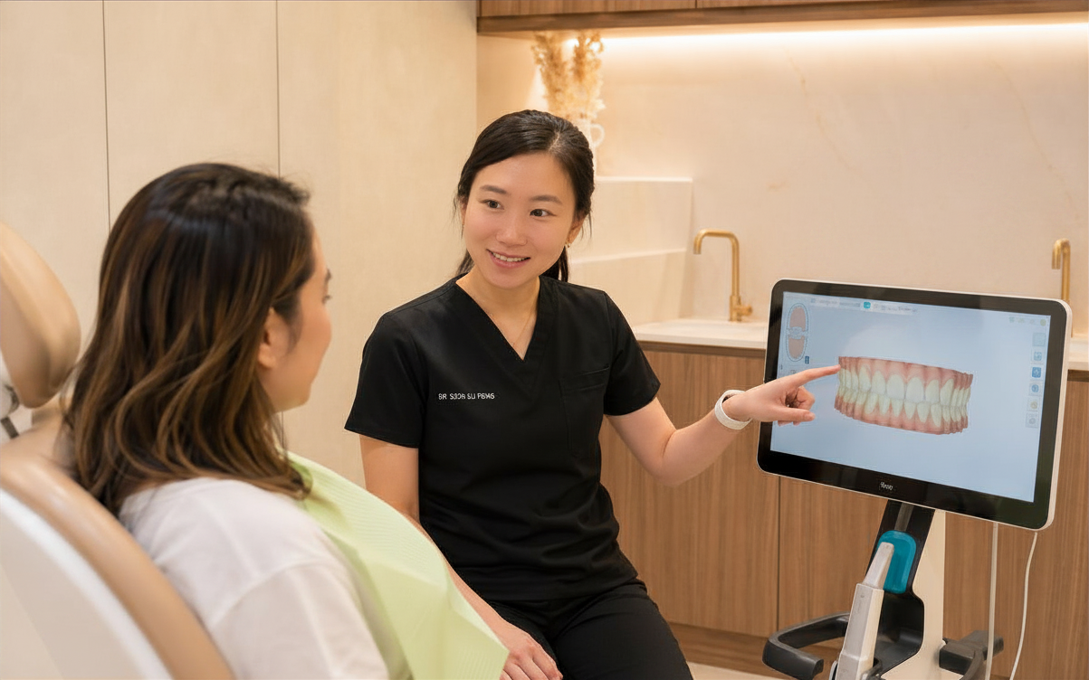 Dr Tiffany reviewing an iTero digital scan with a patient